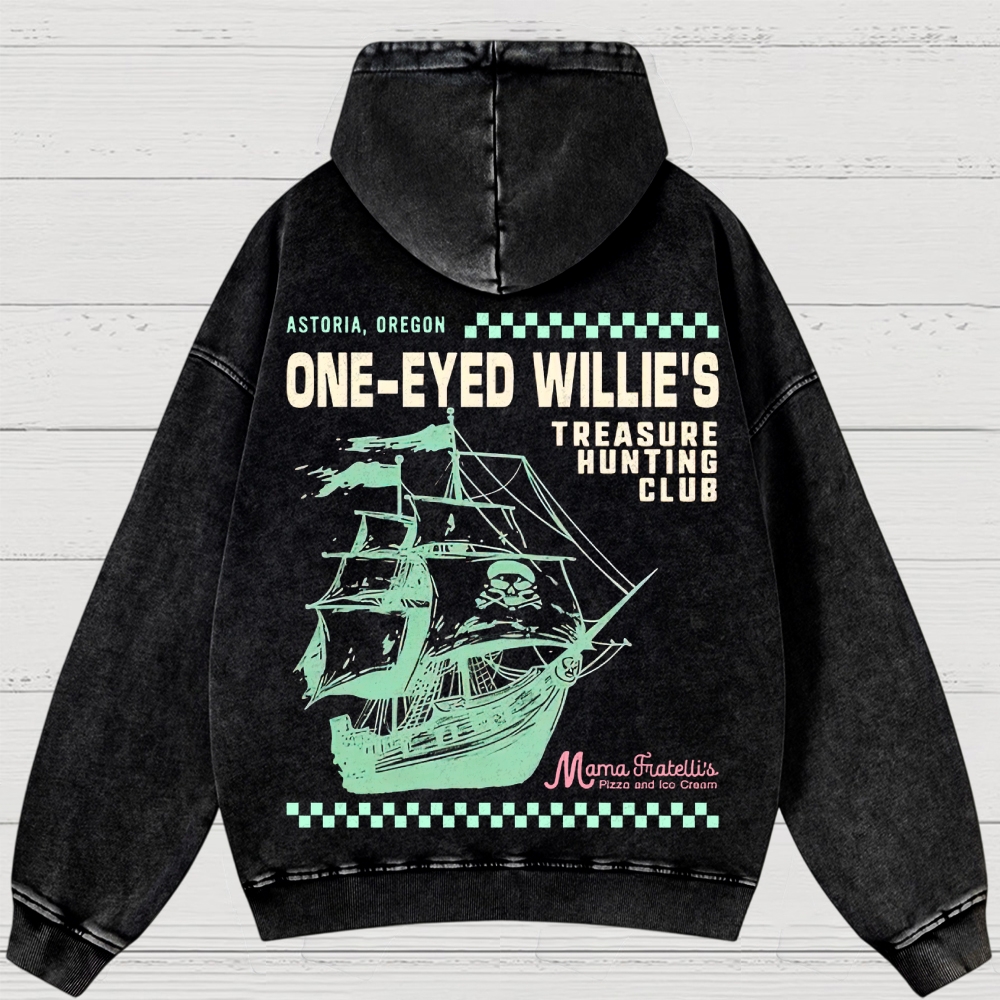 Retro Treasure Hunting & Pirate Ship Graphic Washed Hoodies