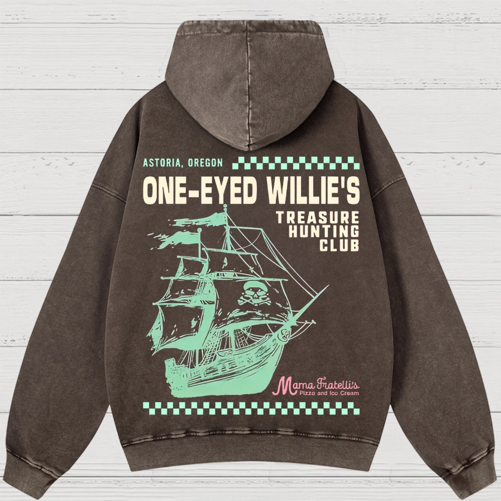 Retro Treasure Hunting & Pirate Ship Graphic Washed Hoodies