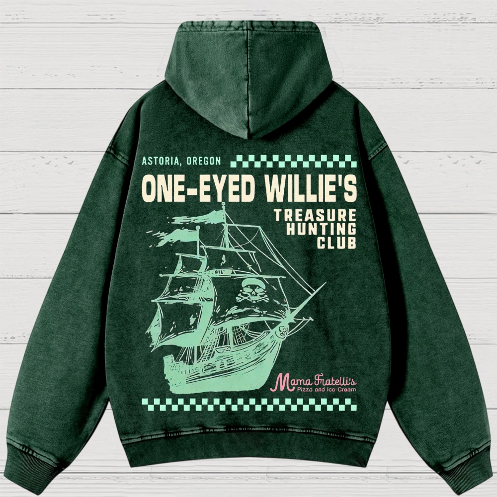Retro Treasure Hunting & Pirate Ship Graphic Washed Hoodies