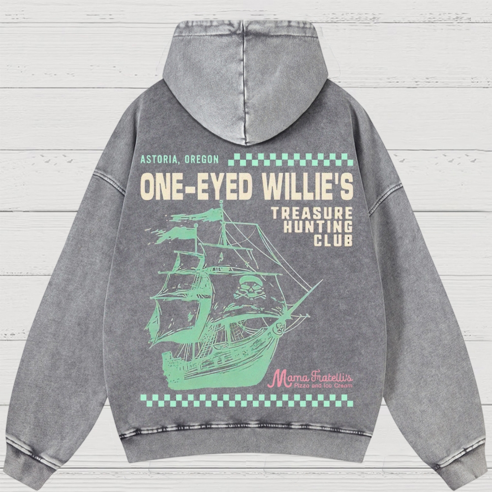 Retro Treasure Hunting & Pirate Ship Graphic Washed Hoodies