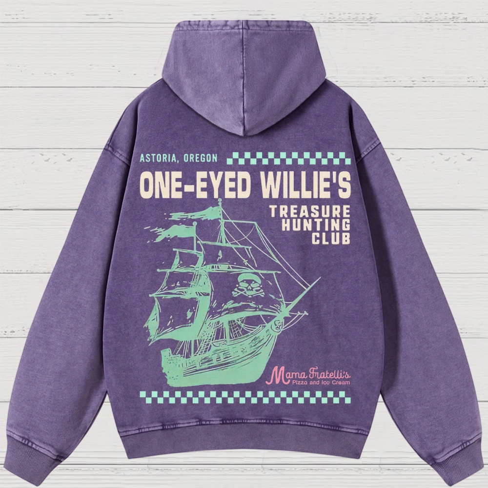 Retro Treasure Hunting & Pirate Ship Graphic Washed Hoodies