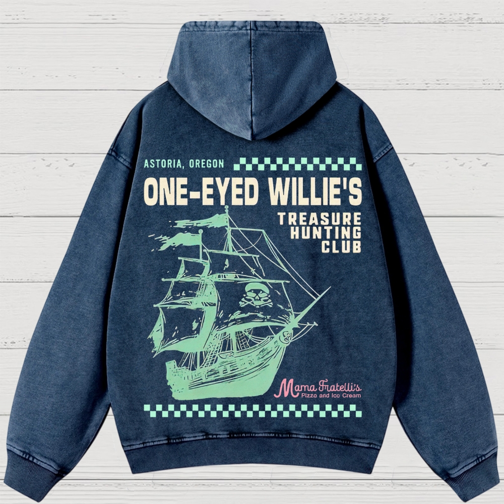 Retro Treasure Hunting & Pirate Ship Graphic Washed Hoodies
