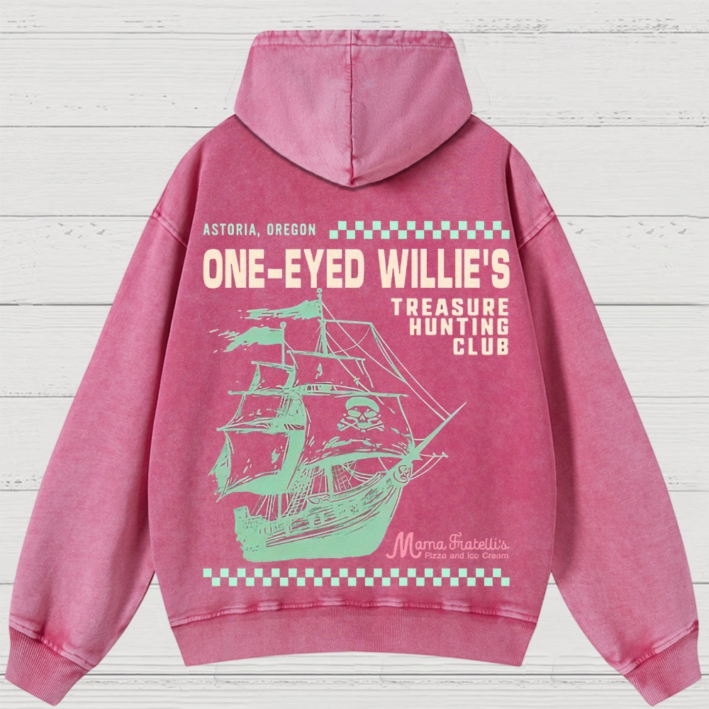 Retro Treasure Hunting & Pirate Ship Graphic Washed Hoodies