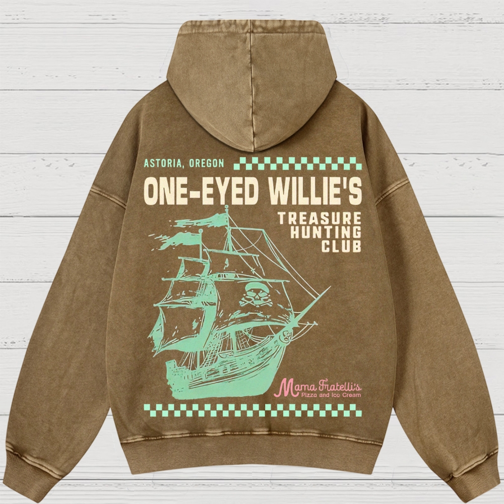 Retro Treasure Hunting & Pirate Ship Graphic Washed Hoodies