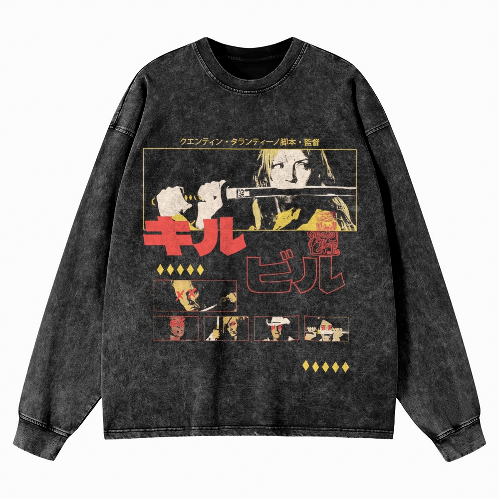 Action Thriller Samurai Graphic Retro Washed Long-Sleeved T-Shirt