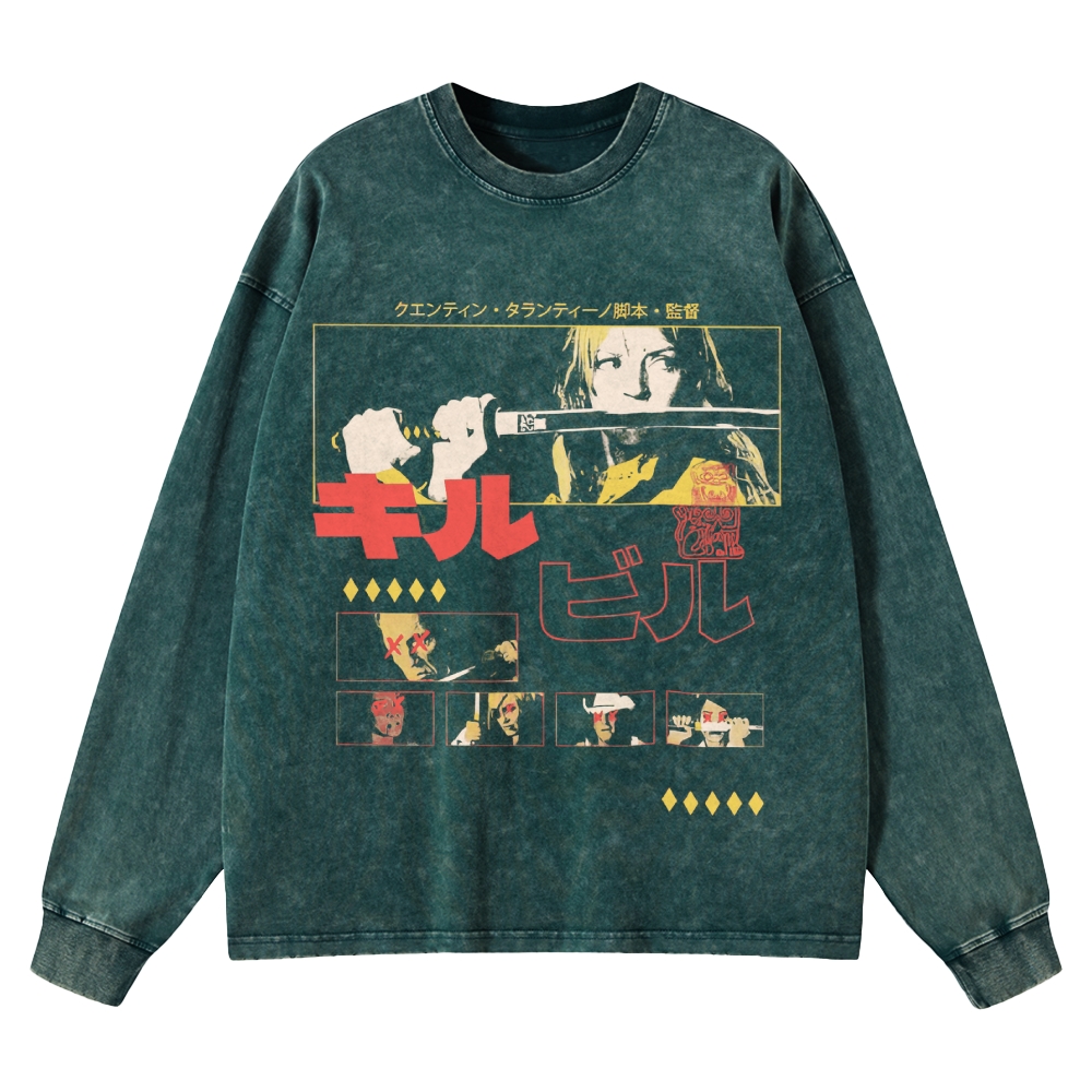 Action Thriller Samurai Graphic Retro Washed Long-Sleeved T-Shirt