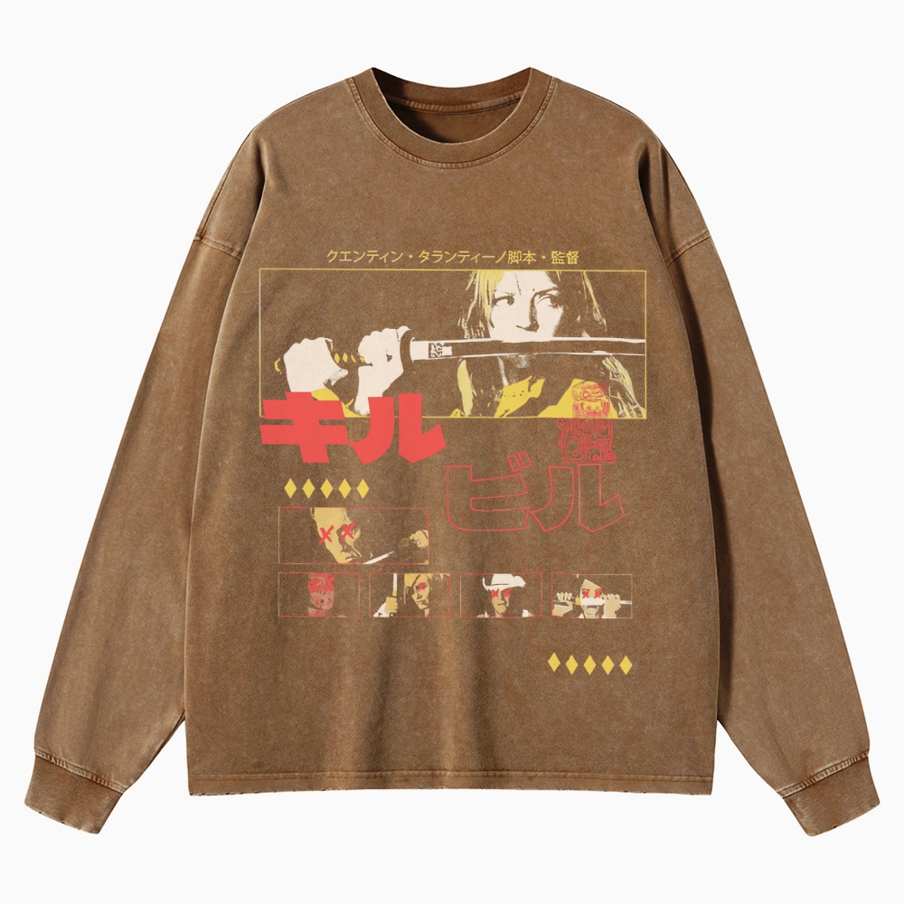 Action Thriller Samurai Graphic Retro Washed Long-Sleeved T-Shirt