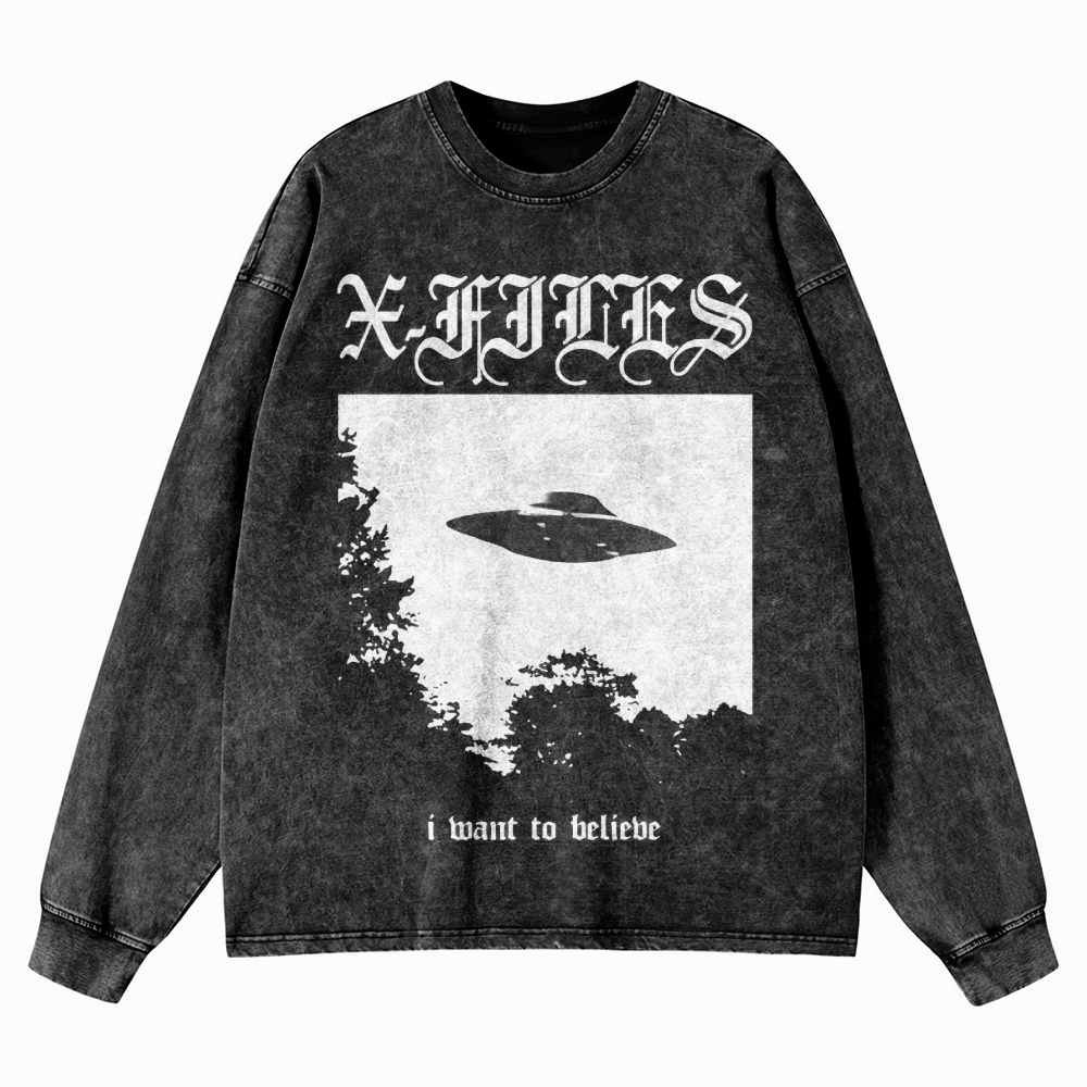 Sci-Fi Mystery UFO Graphic Retro Washed Long-Sleeved T-Shirt