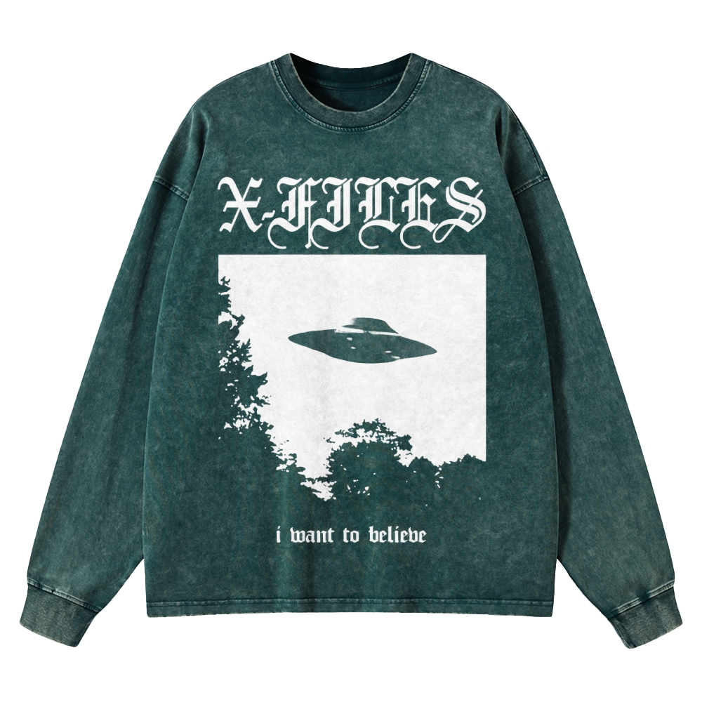 Sci-Fi Mystery UFO Graphic Retro Washed Long-Sleeved T-Shirt