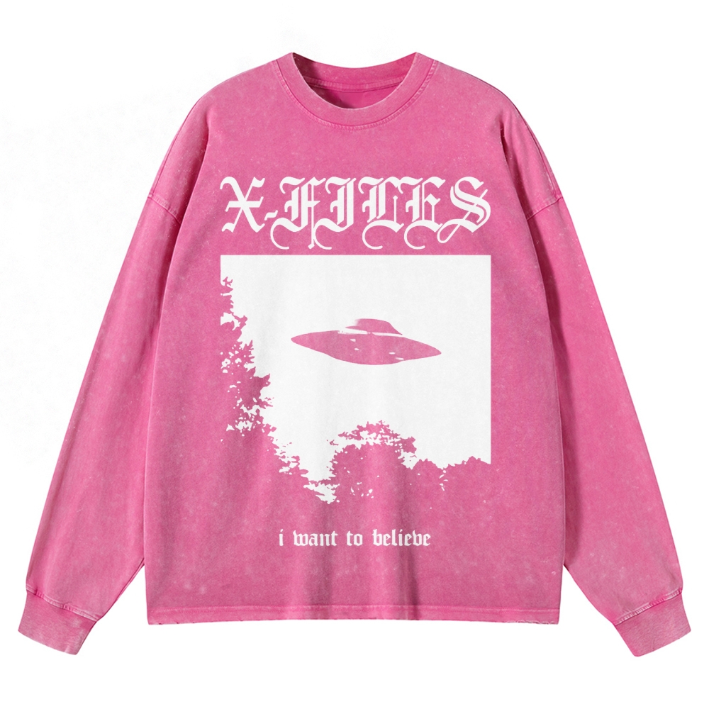 Sci-Fi Mystery UFO Graphic Retro Washed Long-Sleeved T-Shirt
