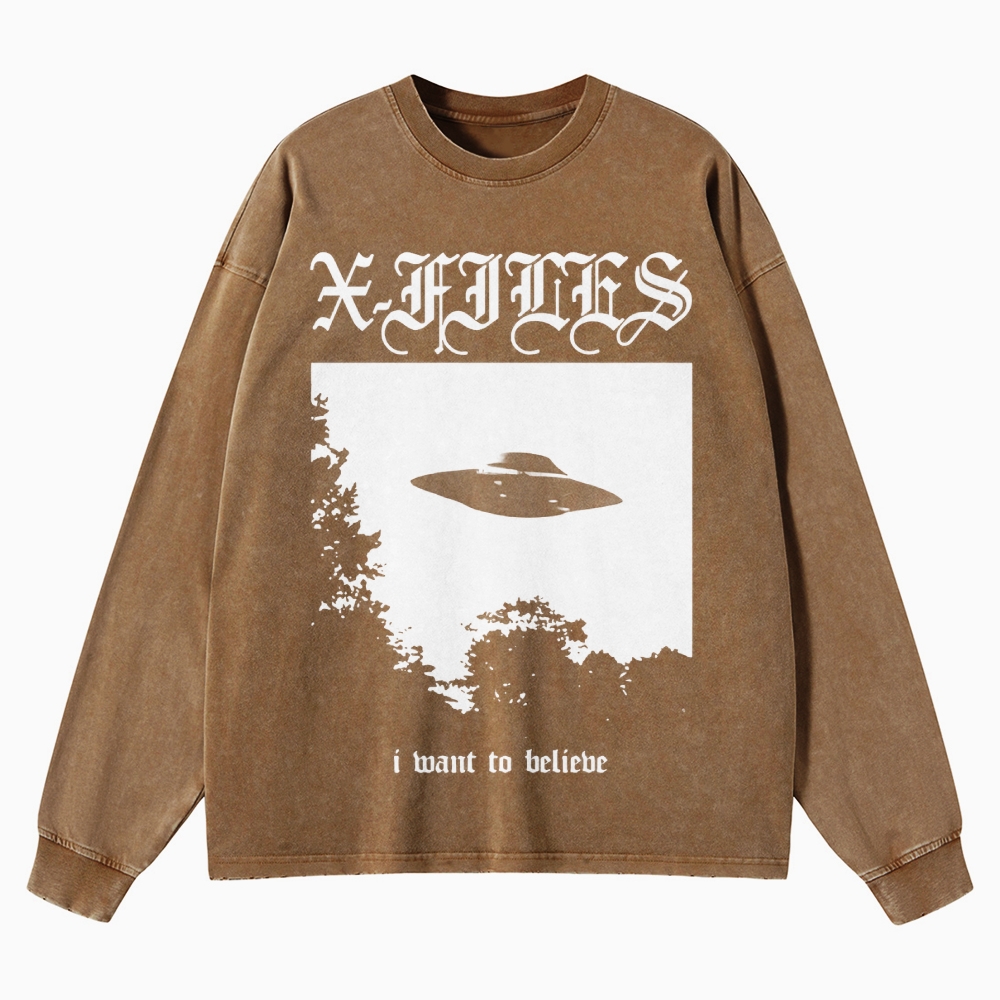 Sci-Fi Mystery UFO Graphic Retro Washed Long-Sleeved T-Shirt