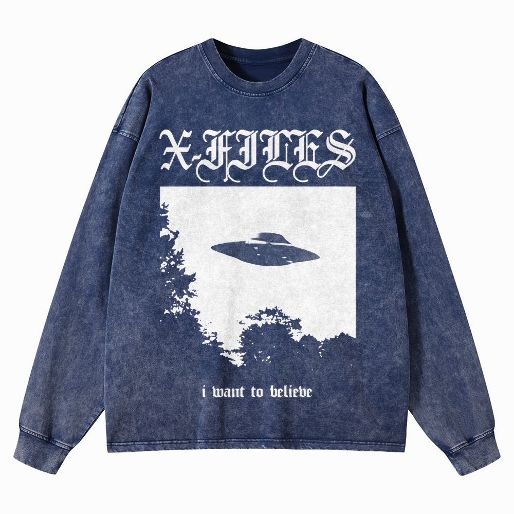 Sci-Fi Mystery UFO Graphic Retro Washed Long-Sleeved T-Shirt