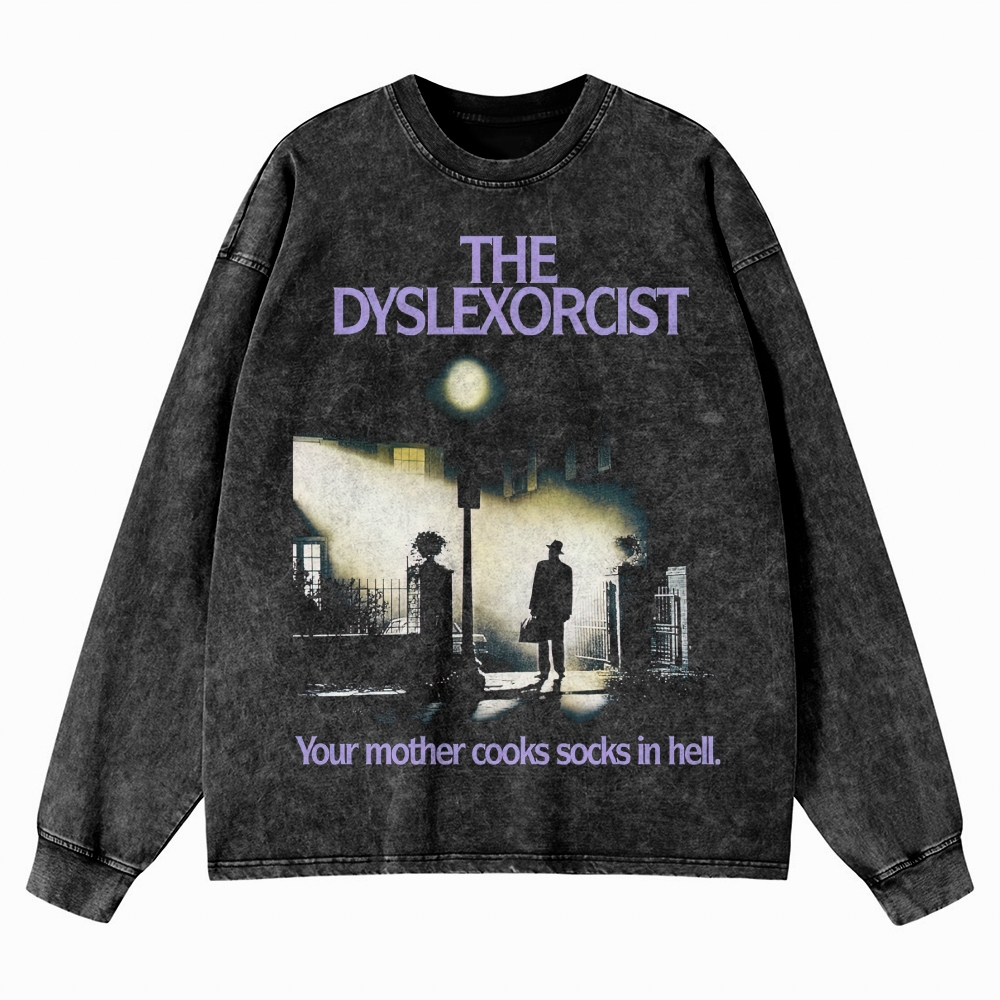 Gothic Horror Parody Graphic Retro Washed Long-Sleeved T-Shirt