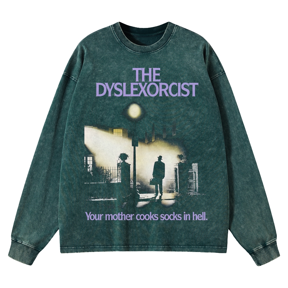 Gothic Horror Parody Graphic Retro Washed Long-Sleeved T-Shirt