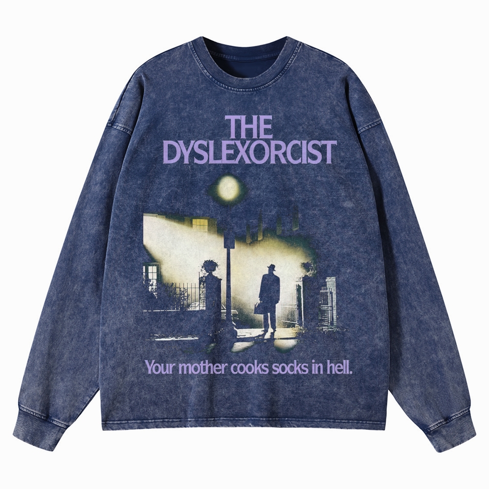 Gothic Horror Parody Graphic Retro Washed Long-Sleeved T-Shirt