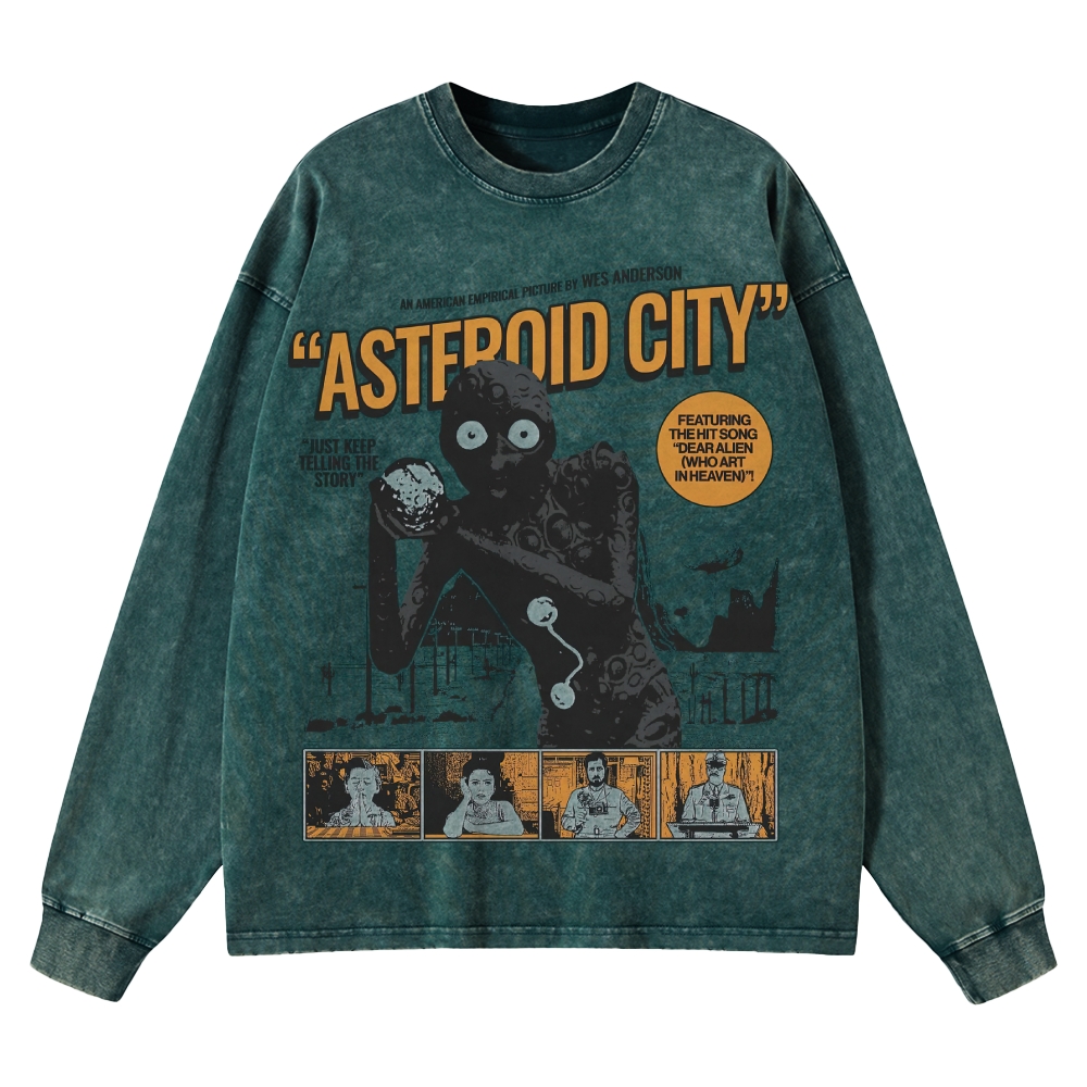 Retro Sci-Fi Comedy Character Graphic Washed Long-Sleeved T-Shirt