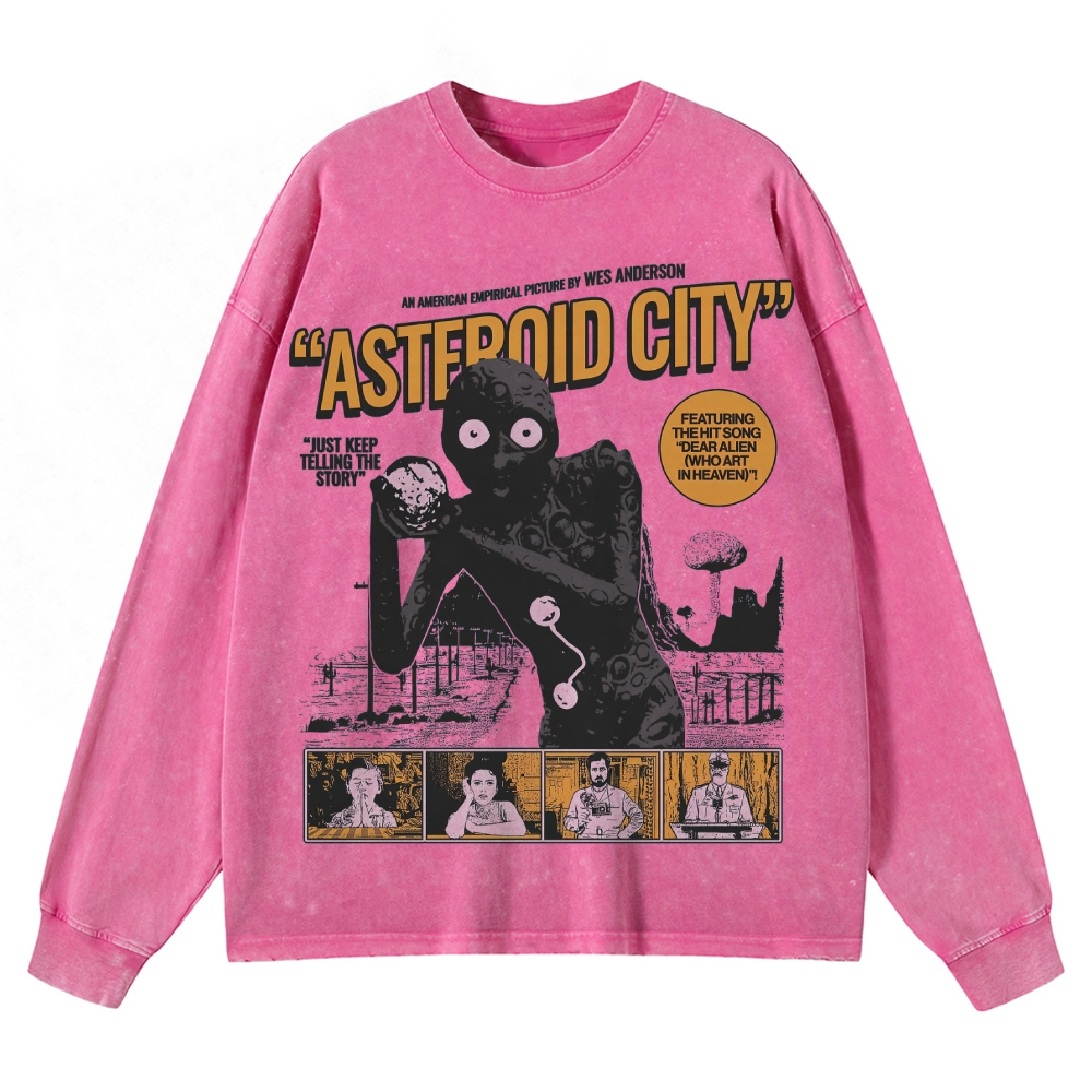 Retro Sci-Fi Comedy Character Graphic Washed Long-Sleeved T-Shirt