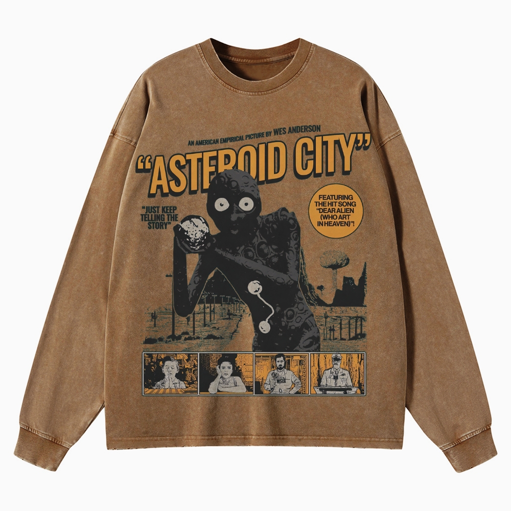 Retro Sci-Fi Comedy Character Graphic Washed Long-Sleeved T-Shirt