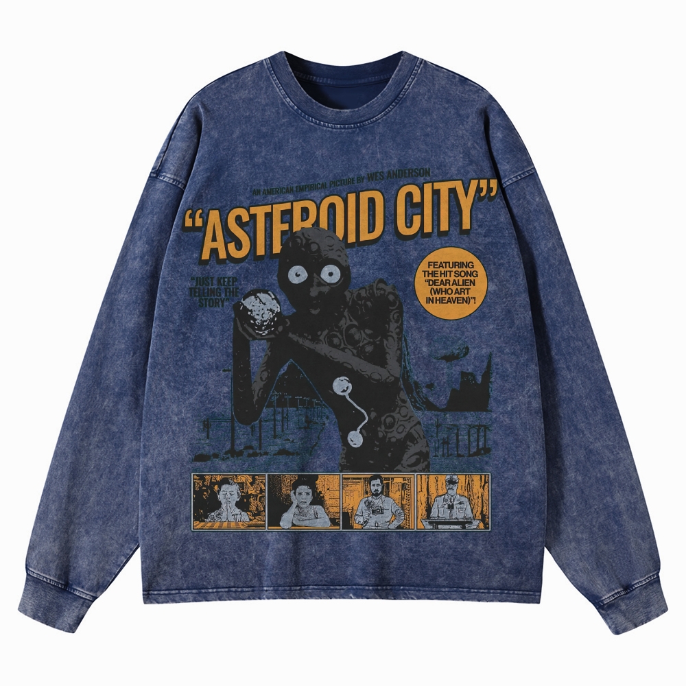 Retro Sci-Fi Comedy Character Graphic Washed Long-Sleeved T-Shirt