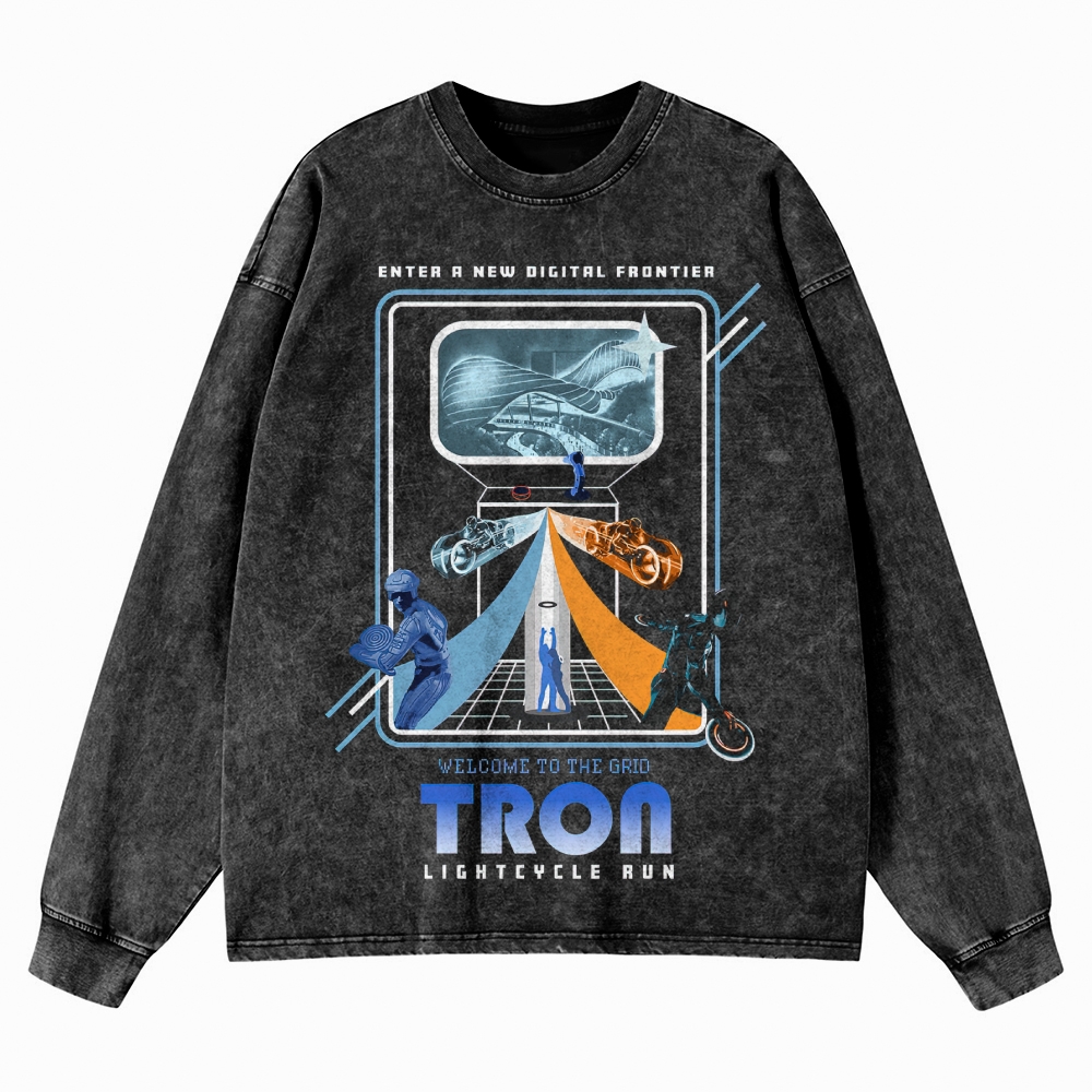 Sci-Fi Digital World Graphic Retro Washed Long-Sleeved T-Shirt