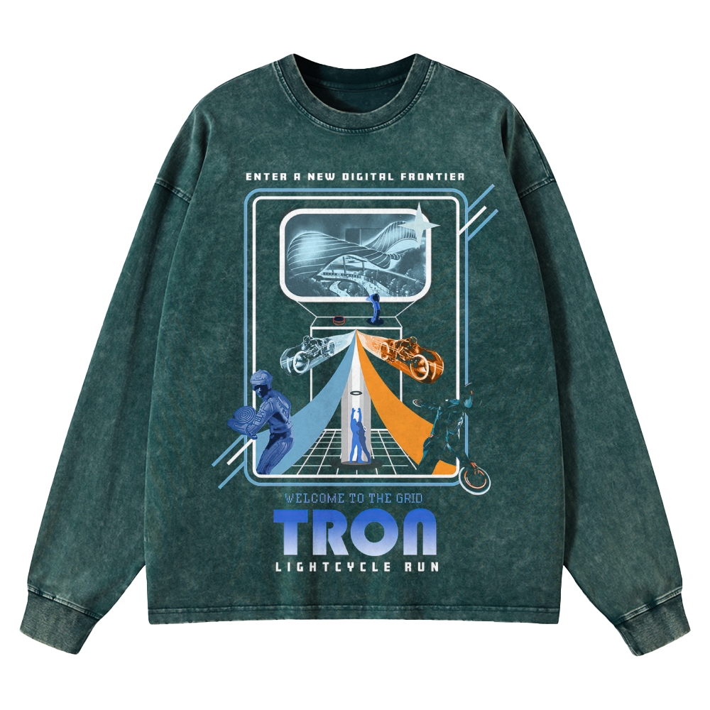 Sci-Fi Digital World Graphic Retro Washed Long-Sleeved T-Shirt