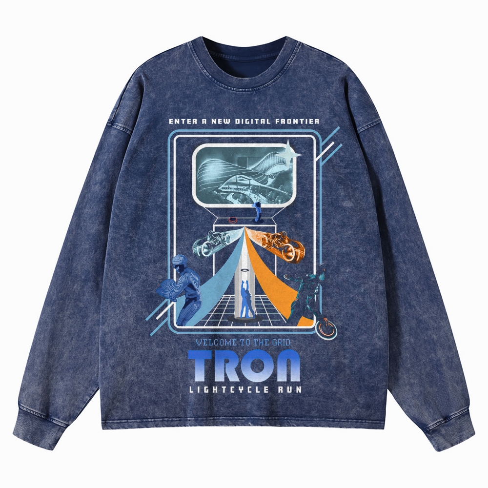 Sci-Fi Digital World Graphic Retro Washed Long-Sleeved T-Shirt