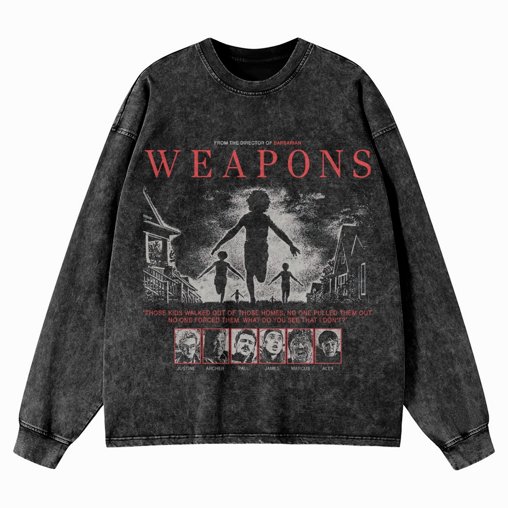 Supernatural Thriller Character Graphic Retro Washed Long-Sleeved T-Shirt