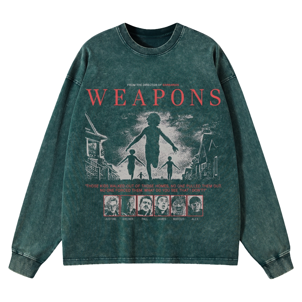 Supernatural Thriller Character Graphic Retro Washed Long-Sleeved T-Shirt