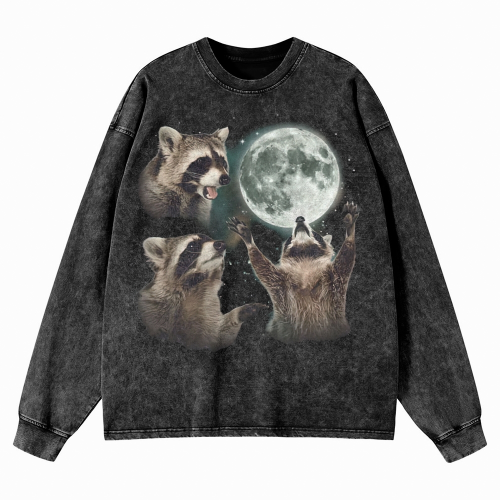 Three Raccoon Moon  Washed Long-Sleeved T-Shirt