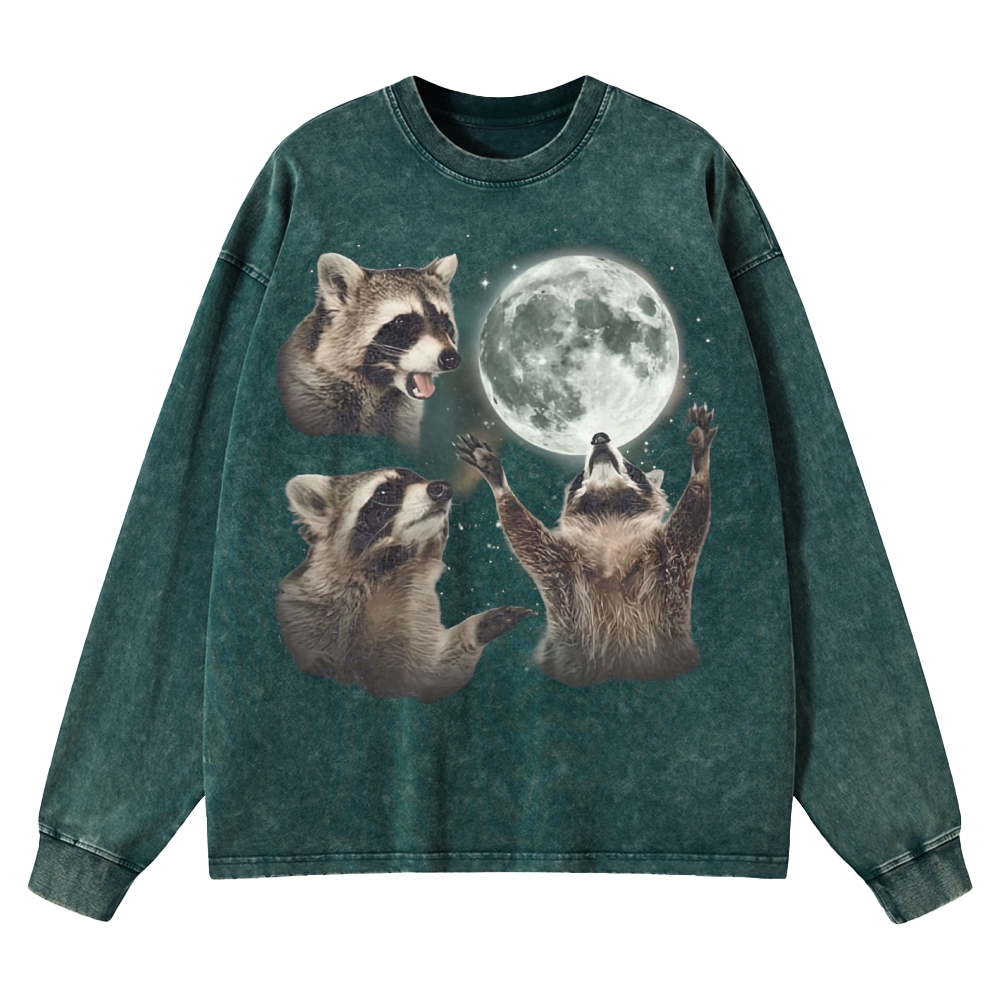 Three Raccoon Moon  Washed Long-Sleeved T-Shirt