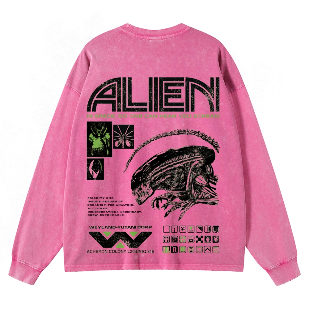 Sci-Fi Horror Extraterrestrial Graphic Retro Washed Long-Sleeved T-Shirt