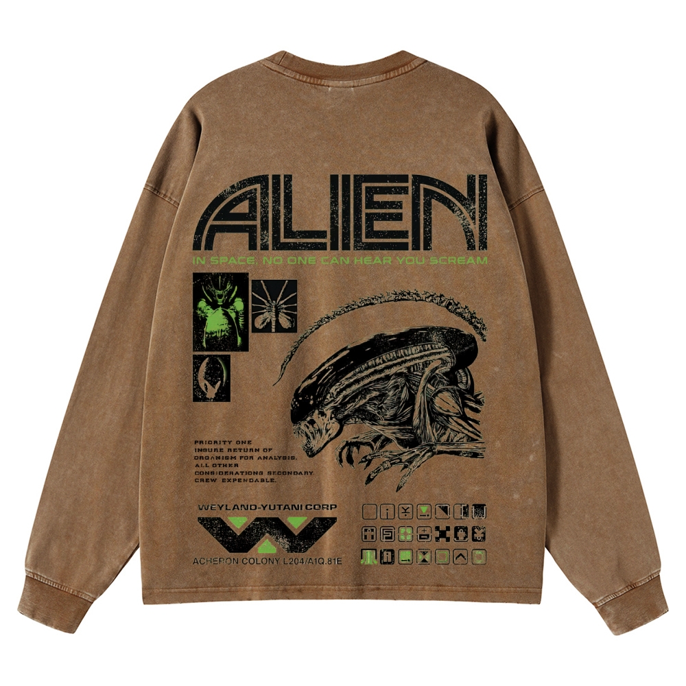 Sci-Fi Horror Extraterrestrial Graphic Retro Washed Long-Sleeved T-Shirt