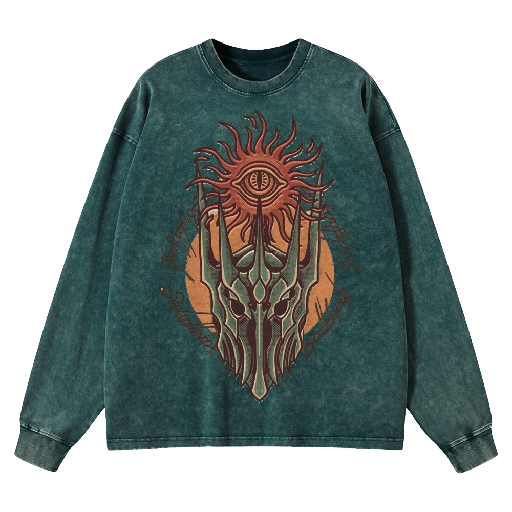 Epic Fantasy Villain Helmet Graphic Retro Washed Long-Sleeved T-Shirt