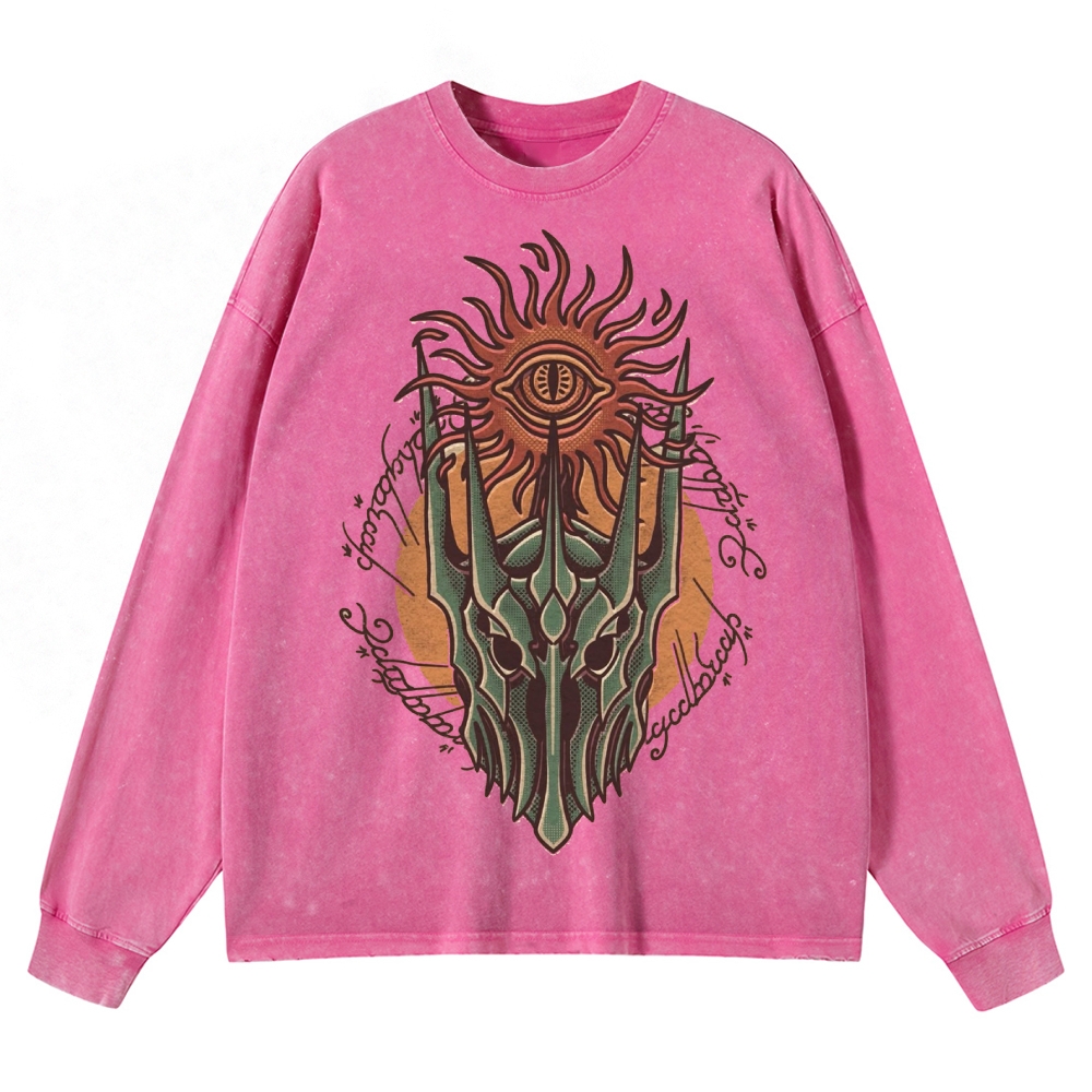 Epic Fantasy Villain Helmet Graphic Retro Washed Long-Sleeved T-Shirt