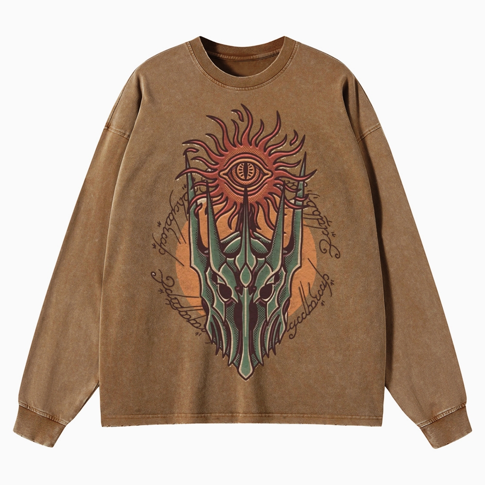 Epic Fantasy Villain Helmet Graphic Retro Washed Long-Sleeved T-Shirt