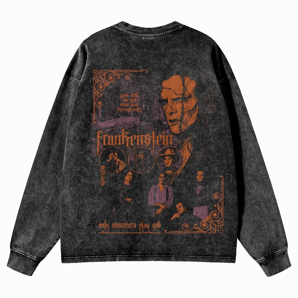 Gothic Horror Monster Graphic Retro Washed Long-Sleeved T-Shirt 2511025761