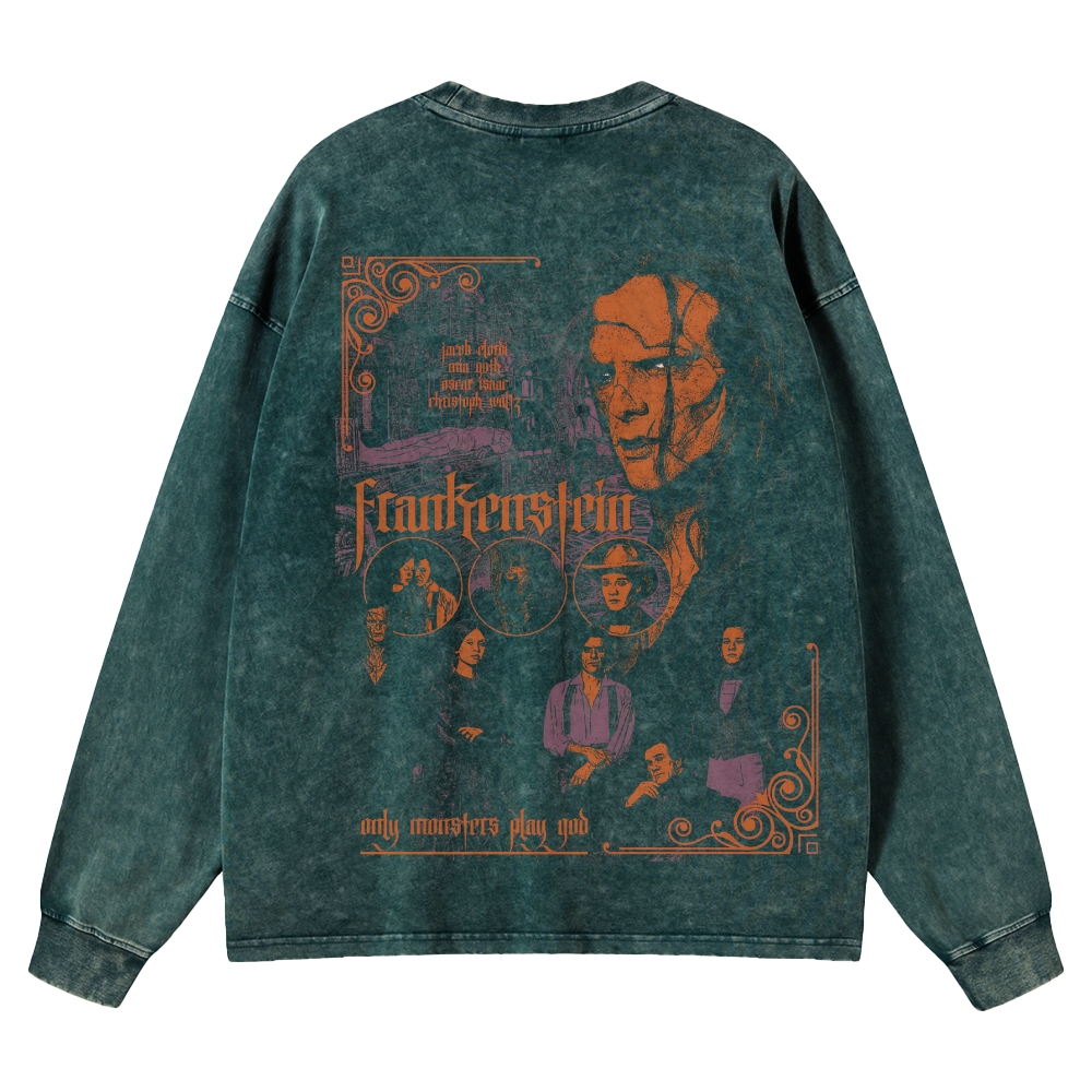 Gothic Horror Monster Graphic Retro Washed Long-Sleeved T-Shirt 2511025761