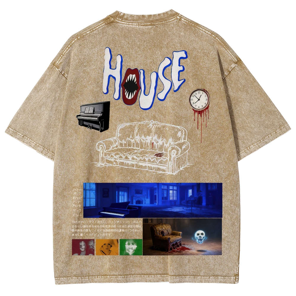Surreal Horror Haunted Home Graphic Retro Washed T-Shirt