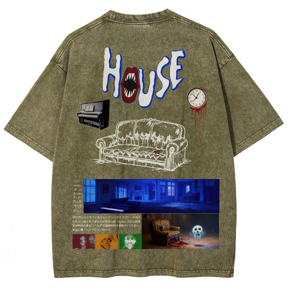 Surreal Horror Haunted Home Graphic Retro Washed T-Shirt