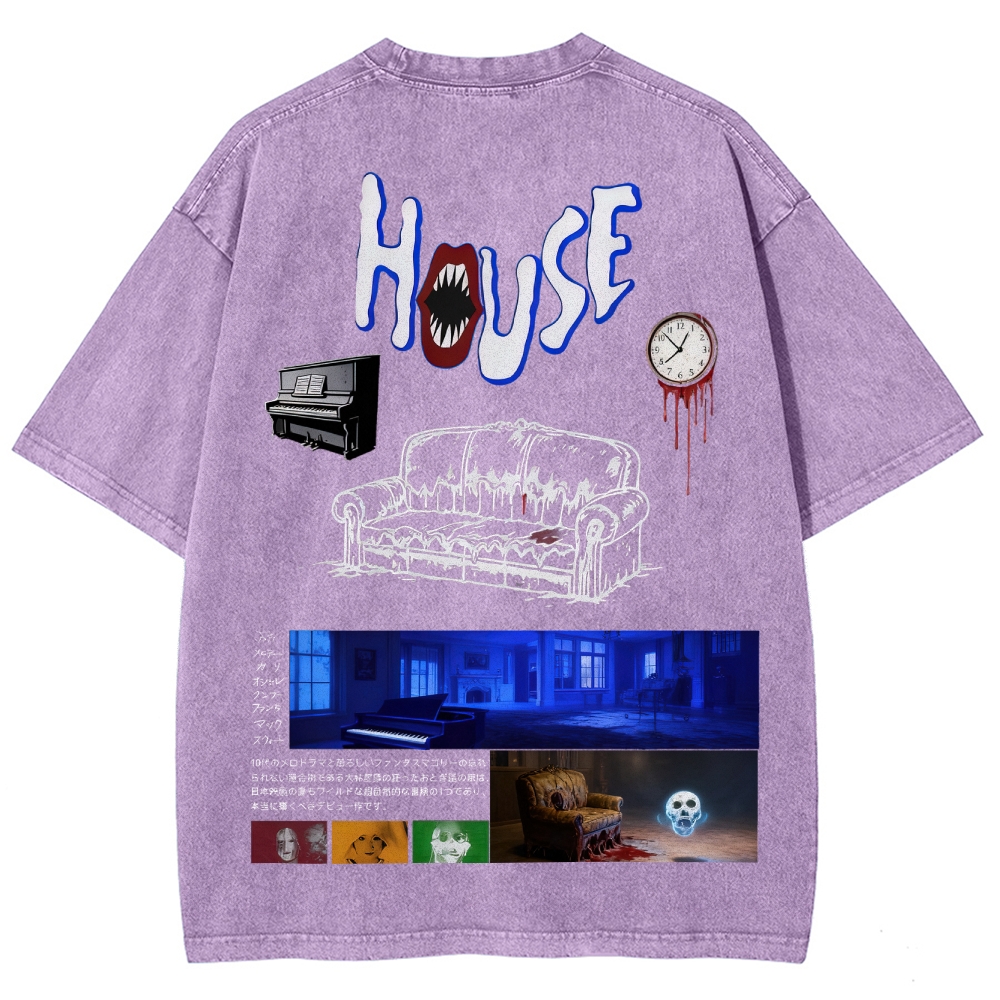 Surreal Horror Haunted Home Graphic Retro Washed T-Shirt