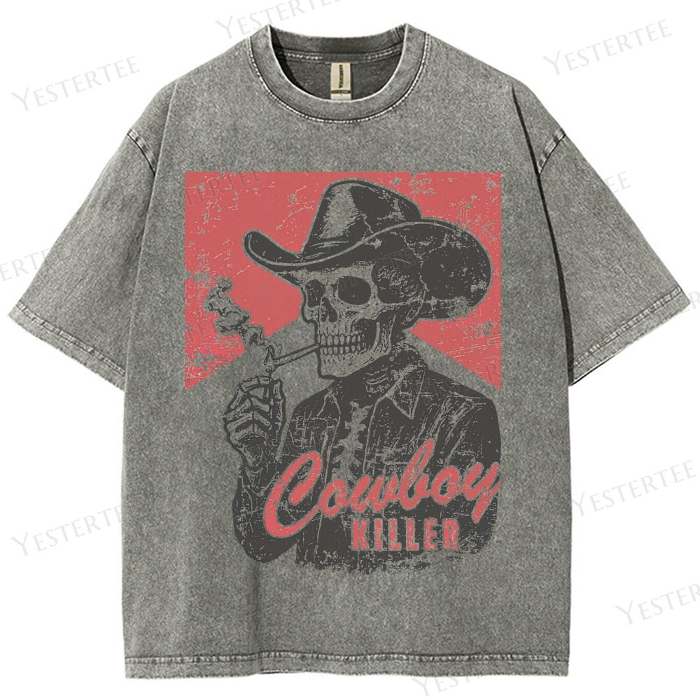 Retro Skeleton Cowboy "Cowboy Killer" Graphic Washed T-Shirt