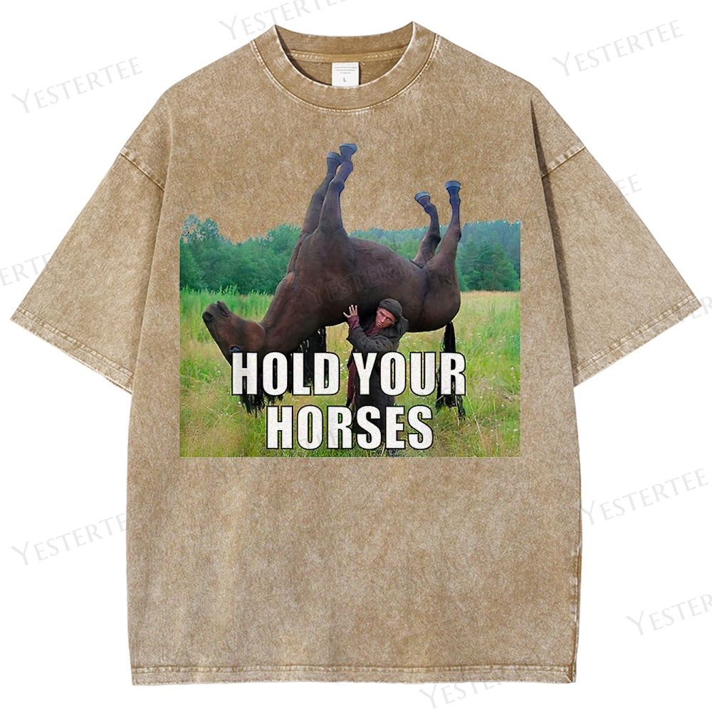 Retro "Hold Your Horses" Humorous Horse & Figure Graphic Washed T-Shirt