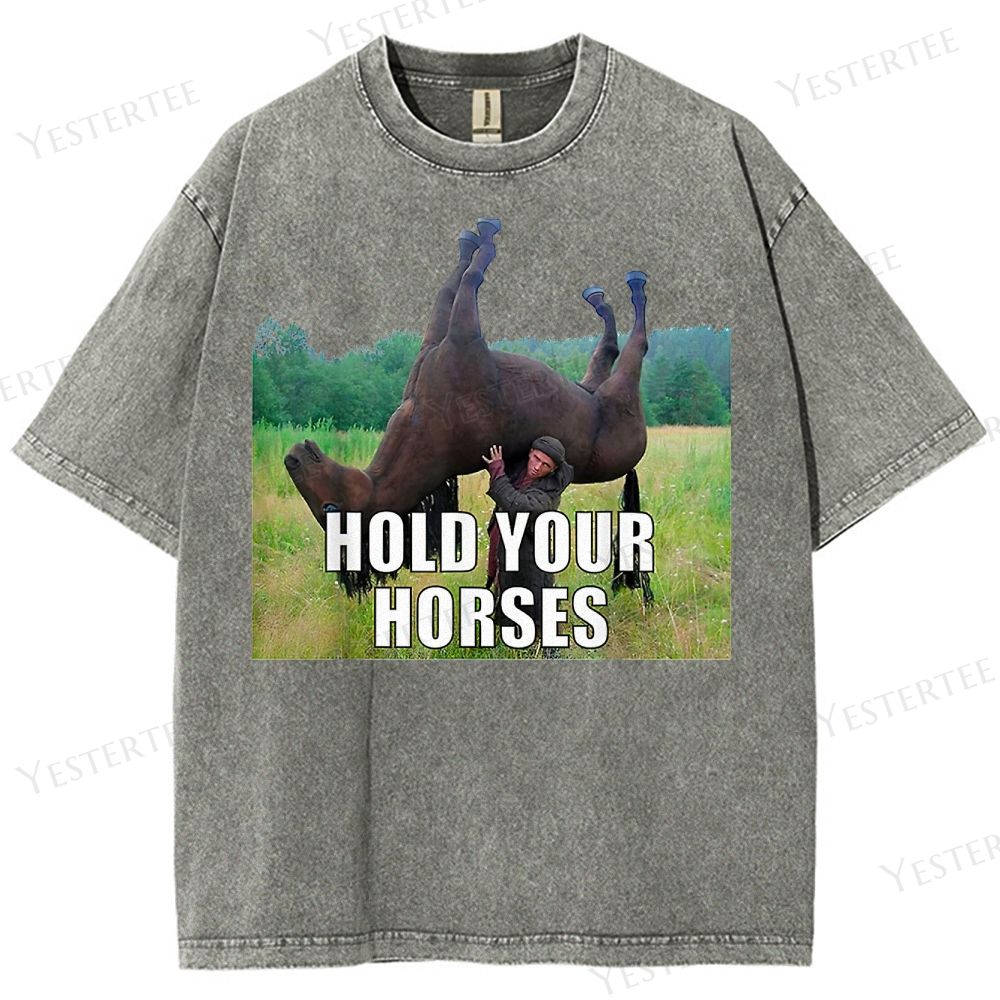 Retro "Hold Your Horses" Humorous Horse & Figure Graphic Washed T-Shirt
