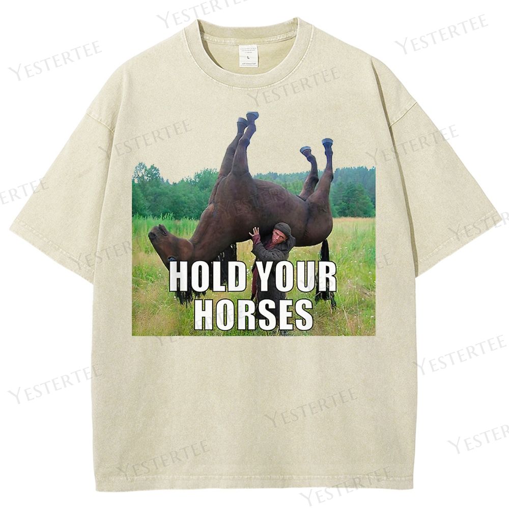 Retro "Hold Your Horses" Humorous Horse & Figure Graphic Washed T-Shirt