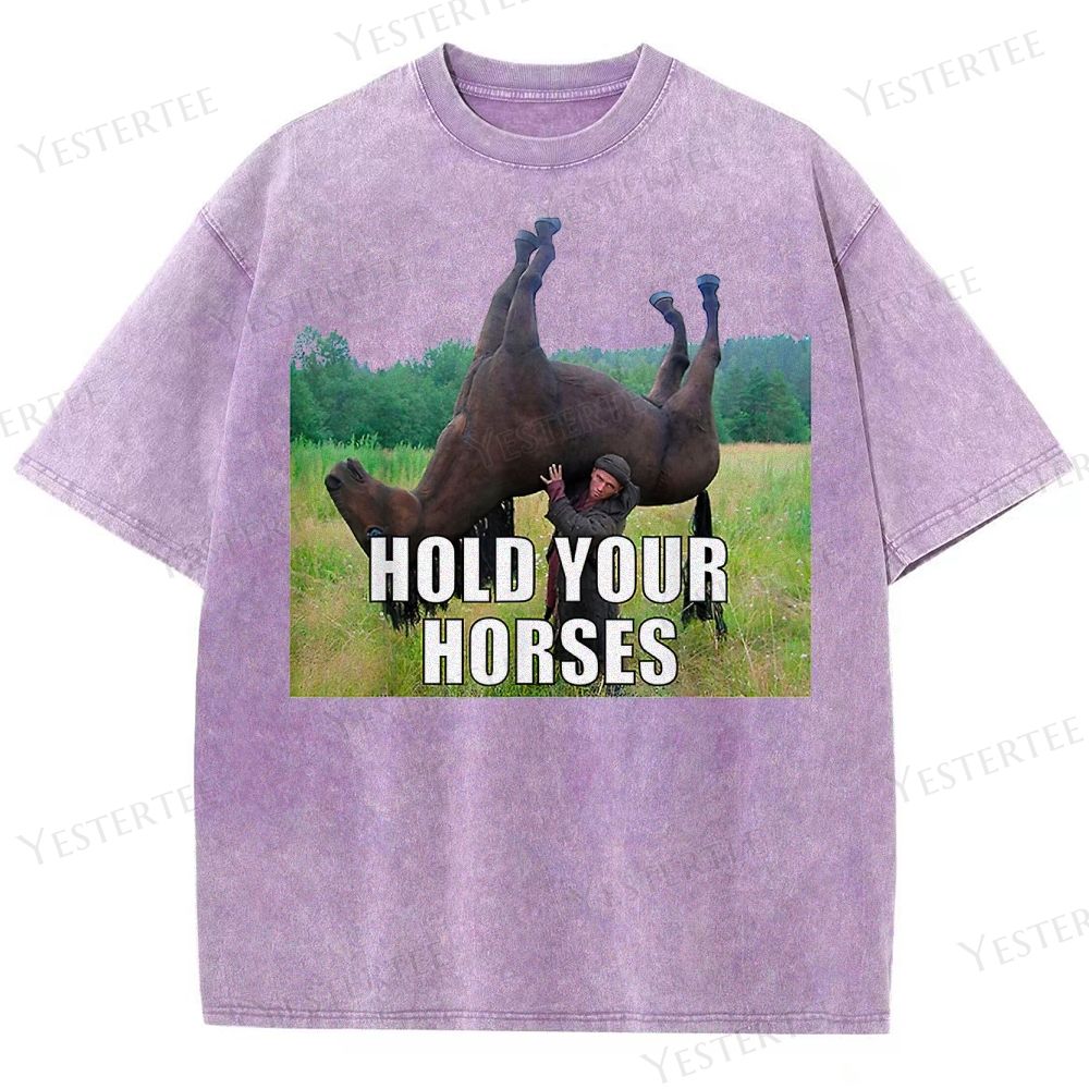 Retro "Hold Your Horses" Humorous Horse & Figure Graphic Washed T-Shirt