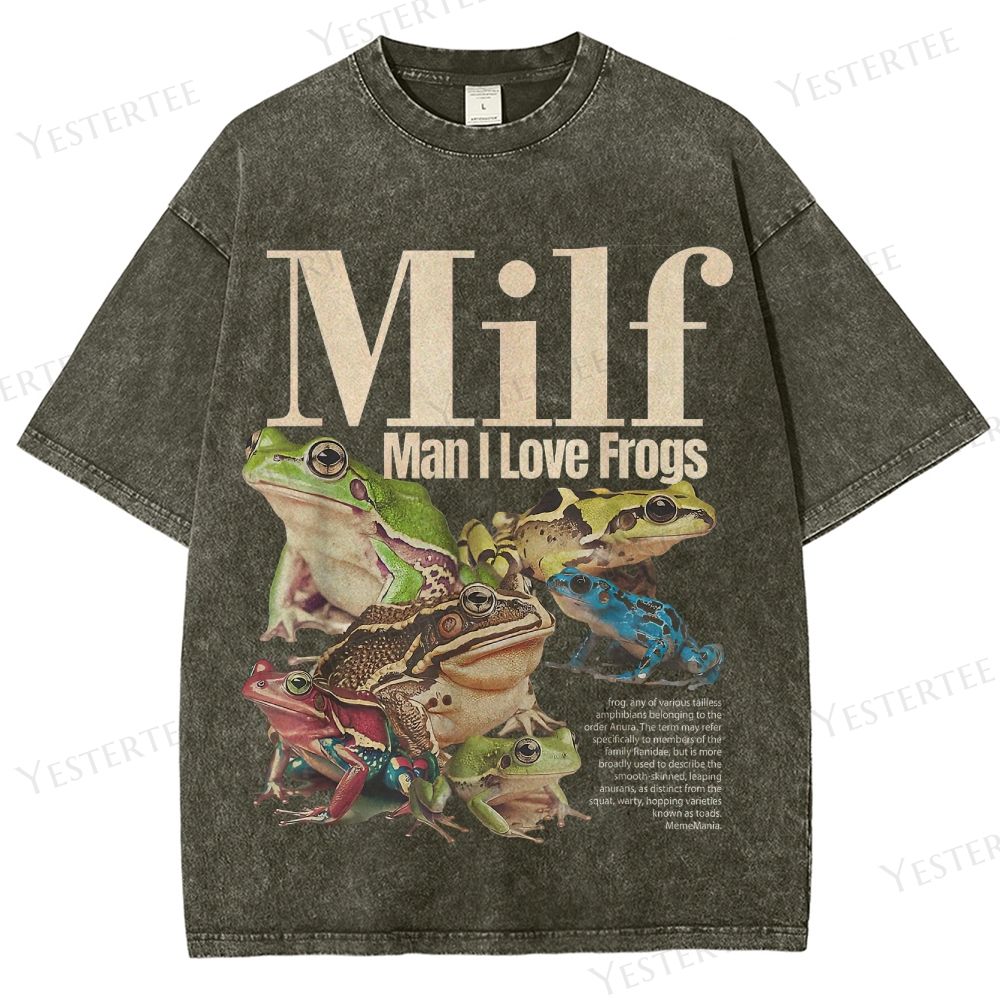 Retro "MILF (Man I Love Frogs)" Frog Collection Graphic Washed T-Shirt