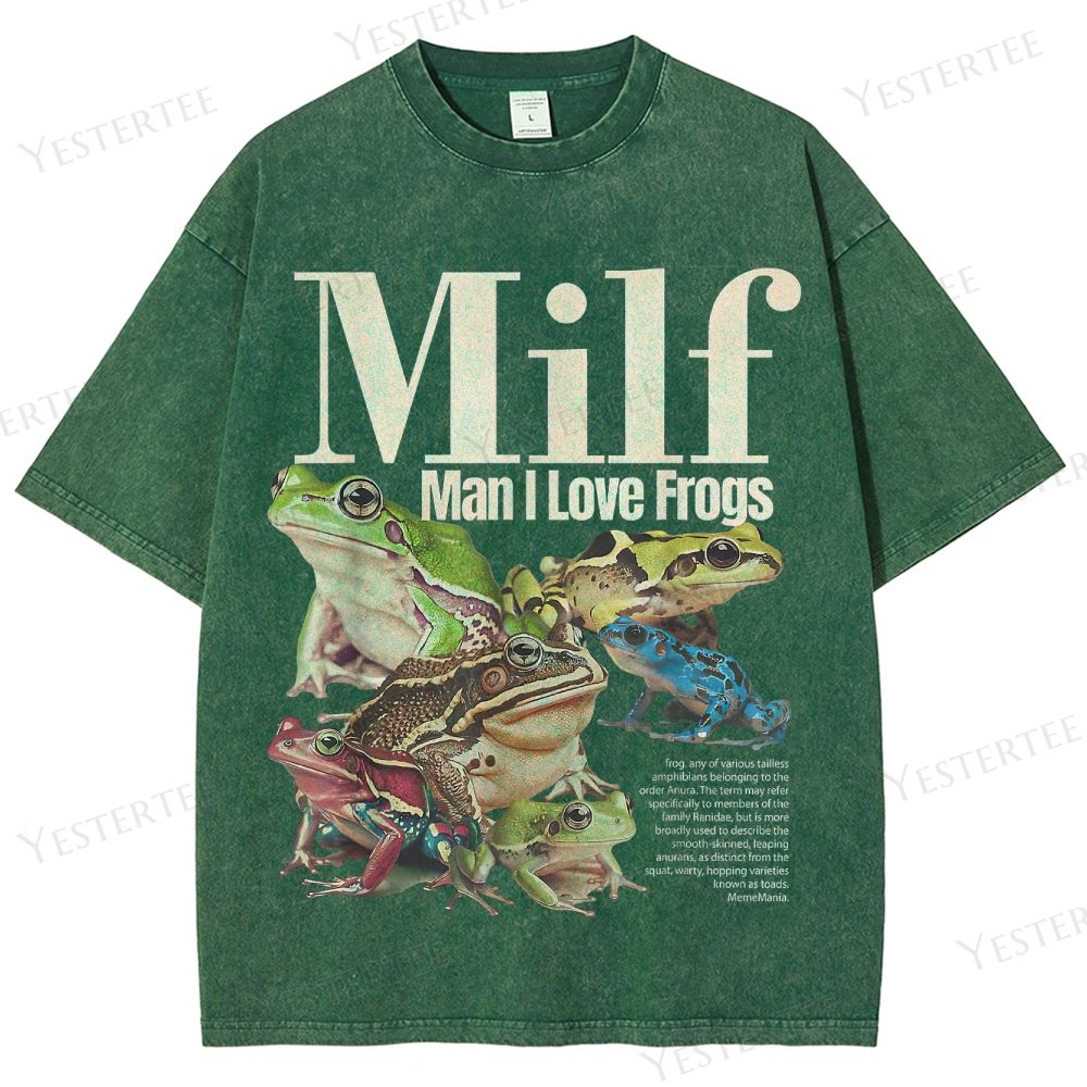 Retro "MILF (Man I Love Frogs)" Frog Collection Graphic Washed T-Shirt