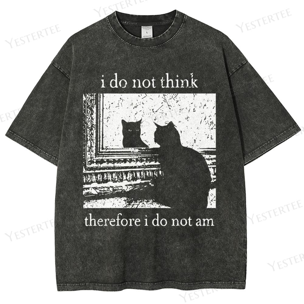 Retro "I Do Not Think Therefore I Do Not Am" Cat Silhouette Graphic Washed T-Shirt
