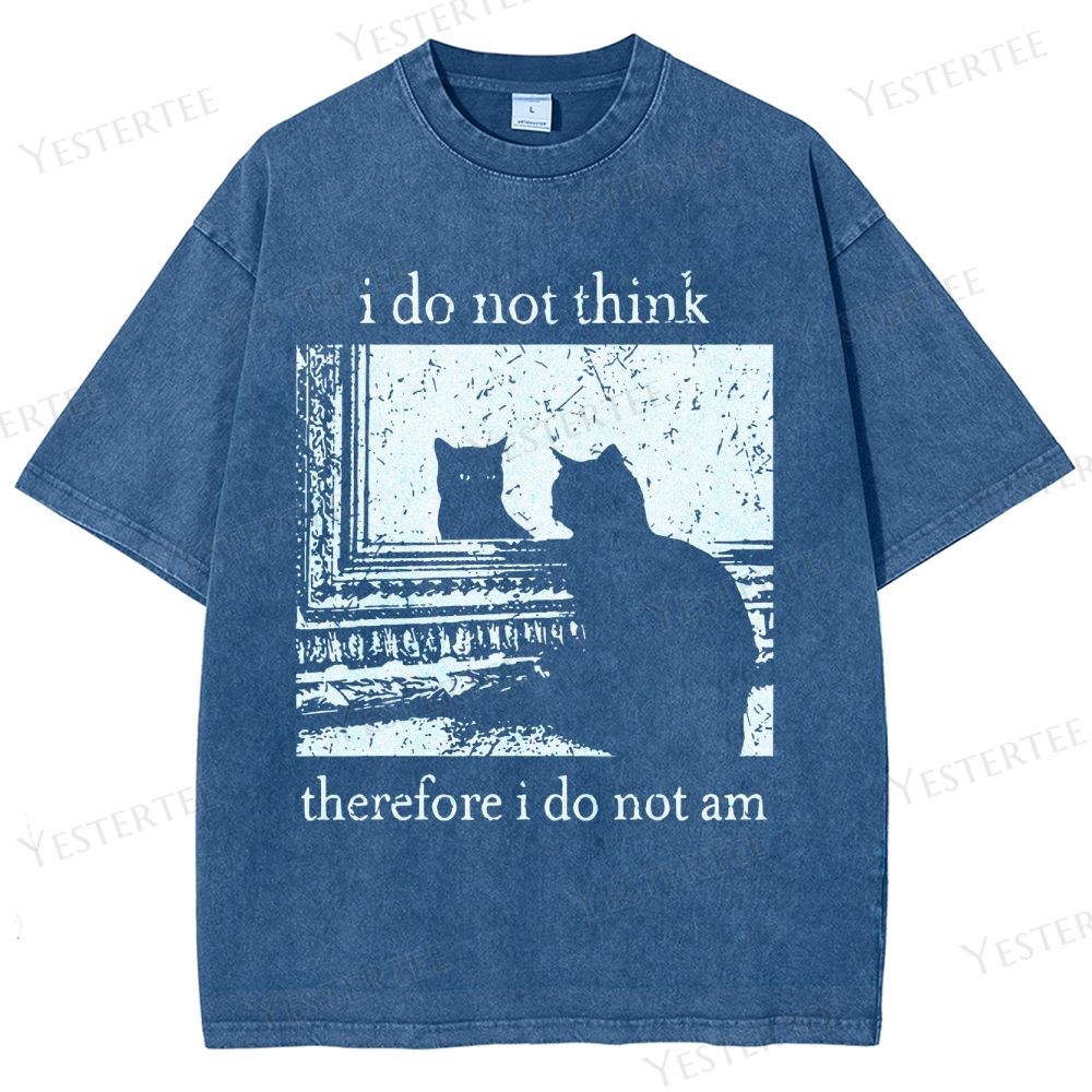 Retro "I Do Not Think Therefore I Do Not Am" Cat Silhouette Graphic Washed T-Shirt