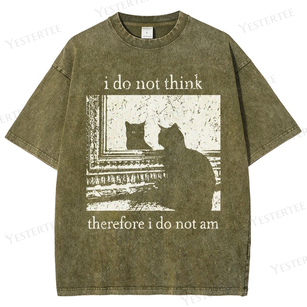 Retro "I Do Not Think Therefore I Do Not Am" Cat Silhouette Graphic Washed T-Shirt